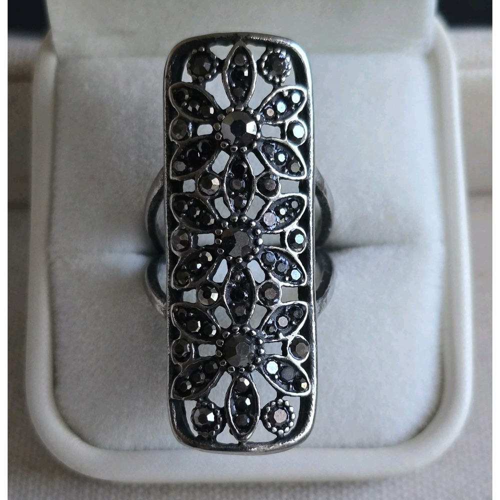 Stainless Steel Marcasite Statement Ring Size 9 – Floral Vintage Style Wide Band